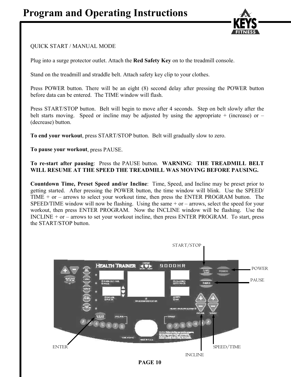 Program and operating instructions | Keys Fitness HT9000 User Manual | Page 10 / 20