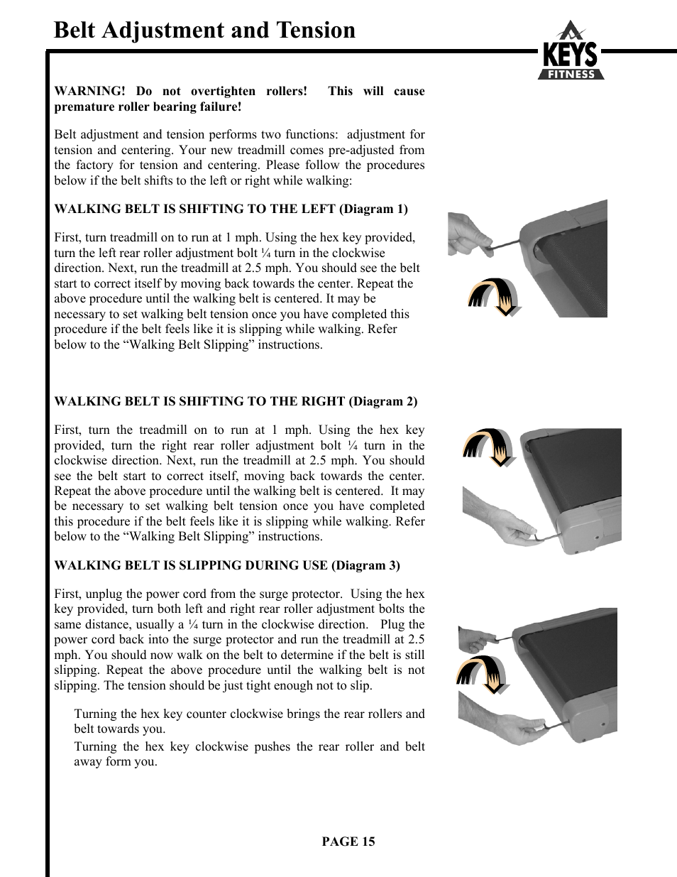 Belt adjustment and tension | Keys Fitness HT9000 User Manual | Page 15 / 20