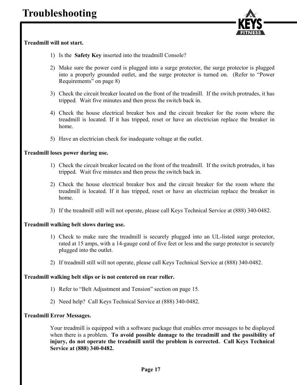 Troubleshooting | Keys Fitness HT9000 User Manual | Page 17 / 20