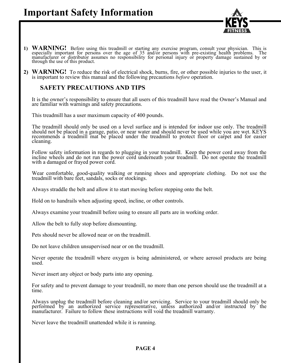 Important safety information | Keys Fitness HT9000 User Manual | Page 4 / 20