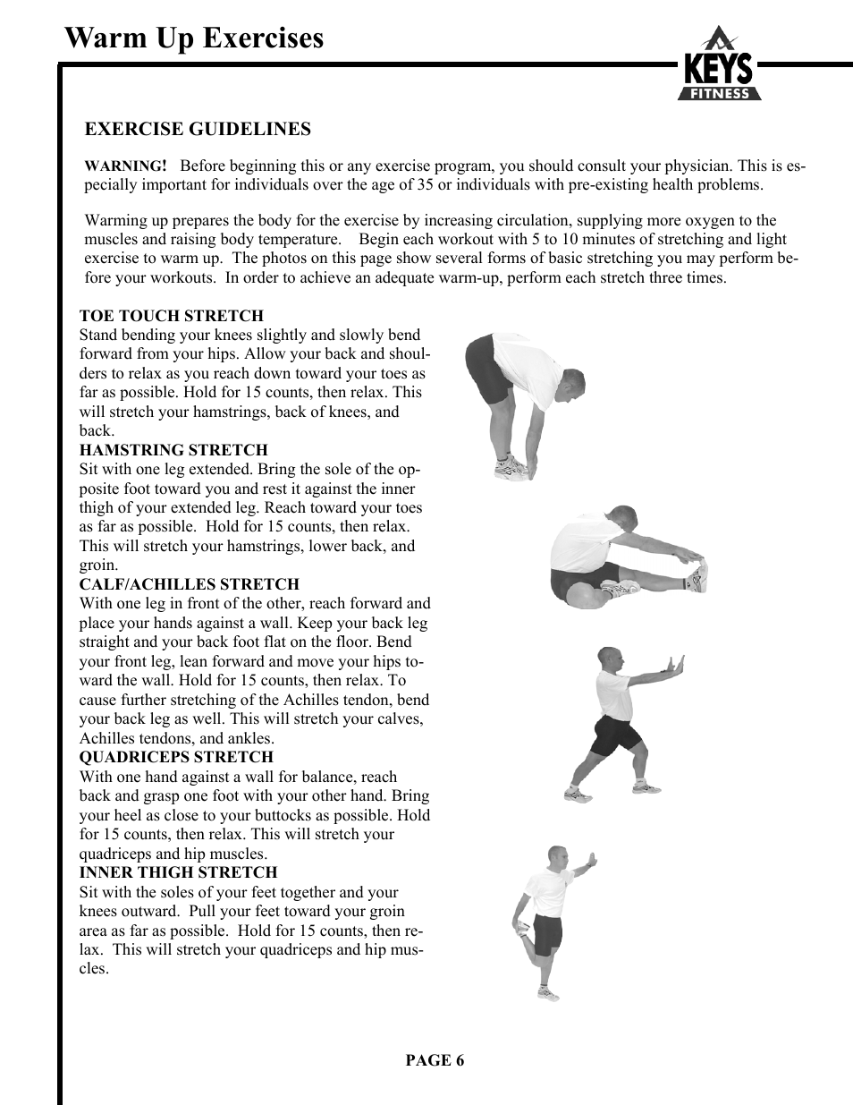 Warm up exercises | Keys Fitness HT9000 User Manual | Page 6 / 20