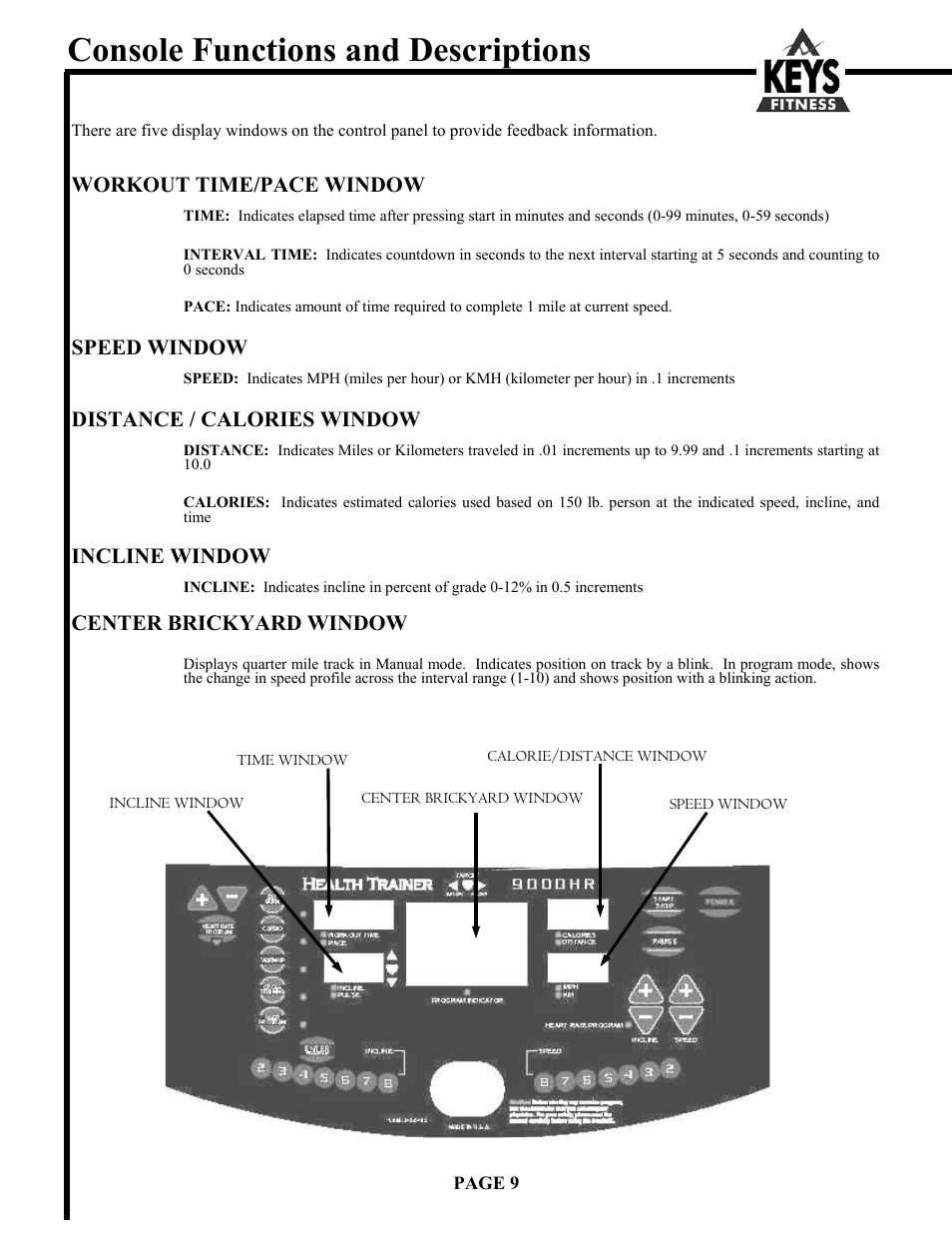 Console functions and descriptions | Keys Fitness HT9000 User Manual | Page 9 / 20