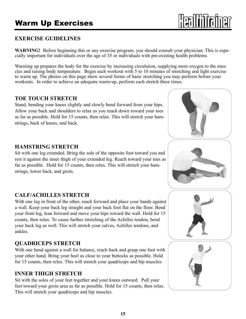 Warm up exercises | Keys Fitness Health Trainer 702t HT702t User Manual | Page 15 / 25