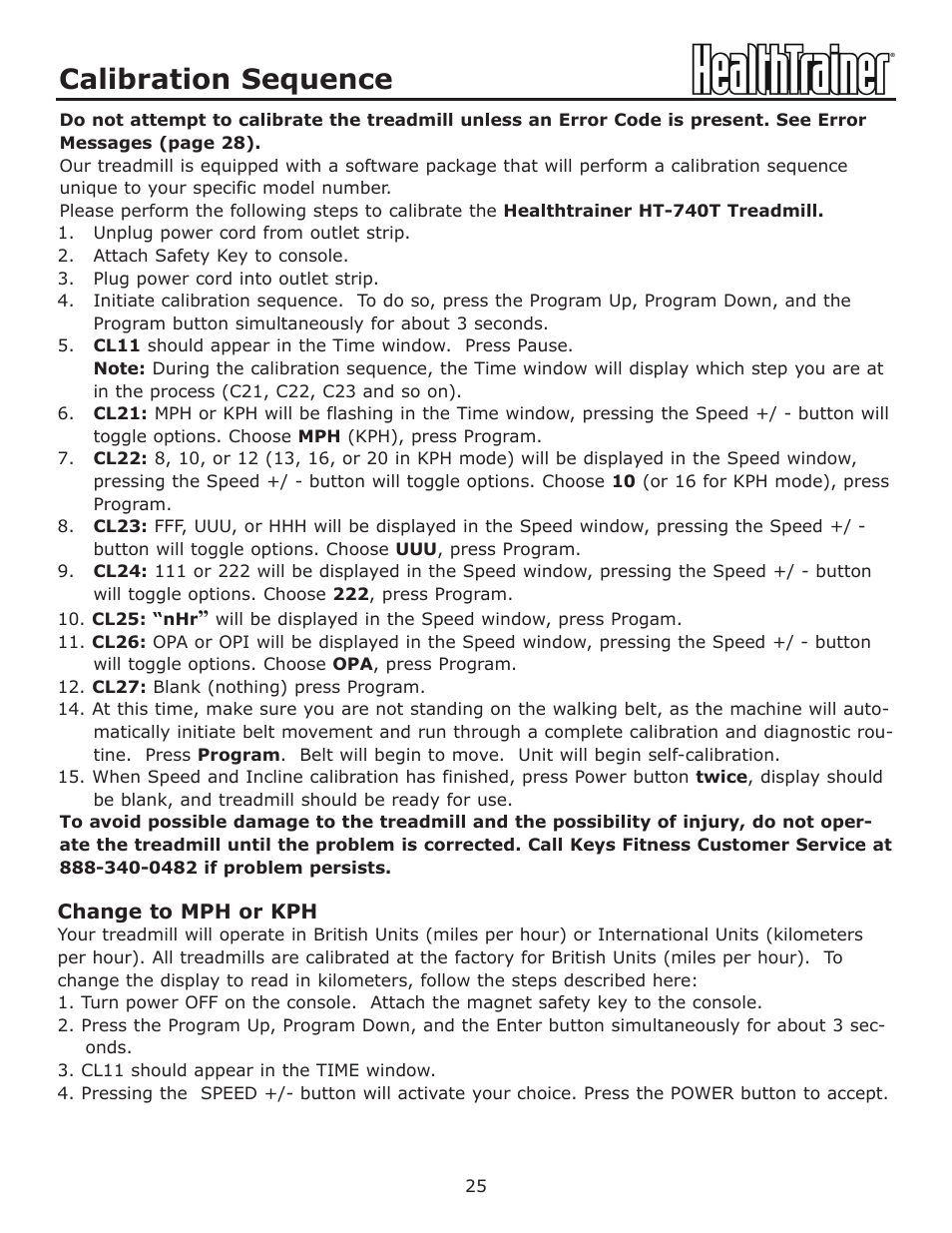 Calibration sequence | Keys Fitness HT-740T User Manual | Page 25 / 35