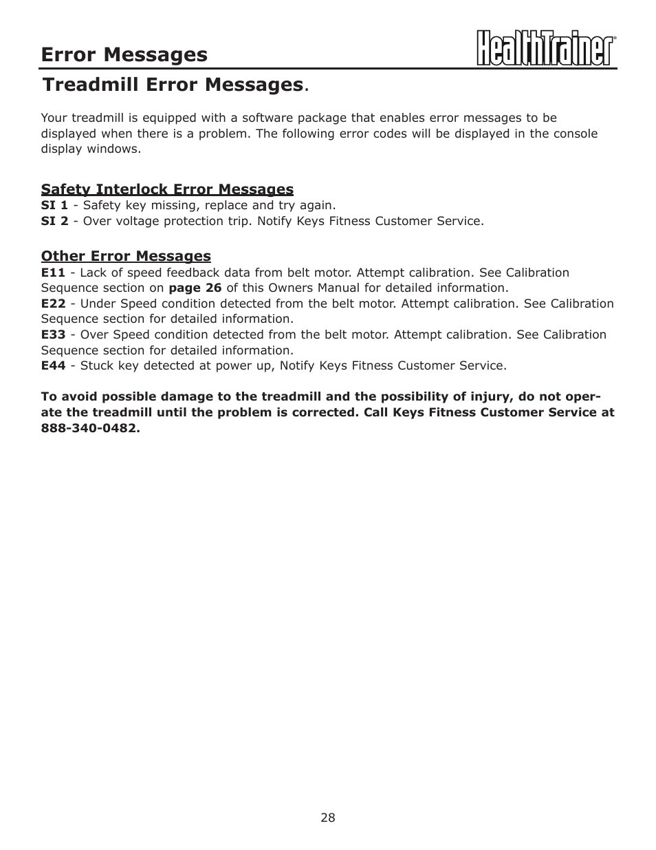 Error messages, Treadmill error messages | Keys Fitness HT-740T User Manual | Page 28 / 35