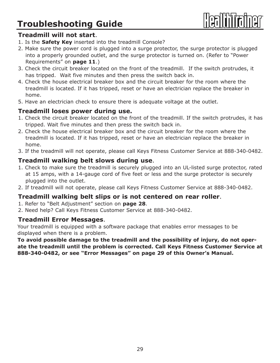 Troubleshooting guide | Keys Fitness HT-740T User Manual | Page 29 / 35