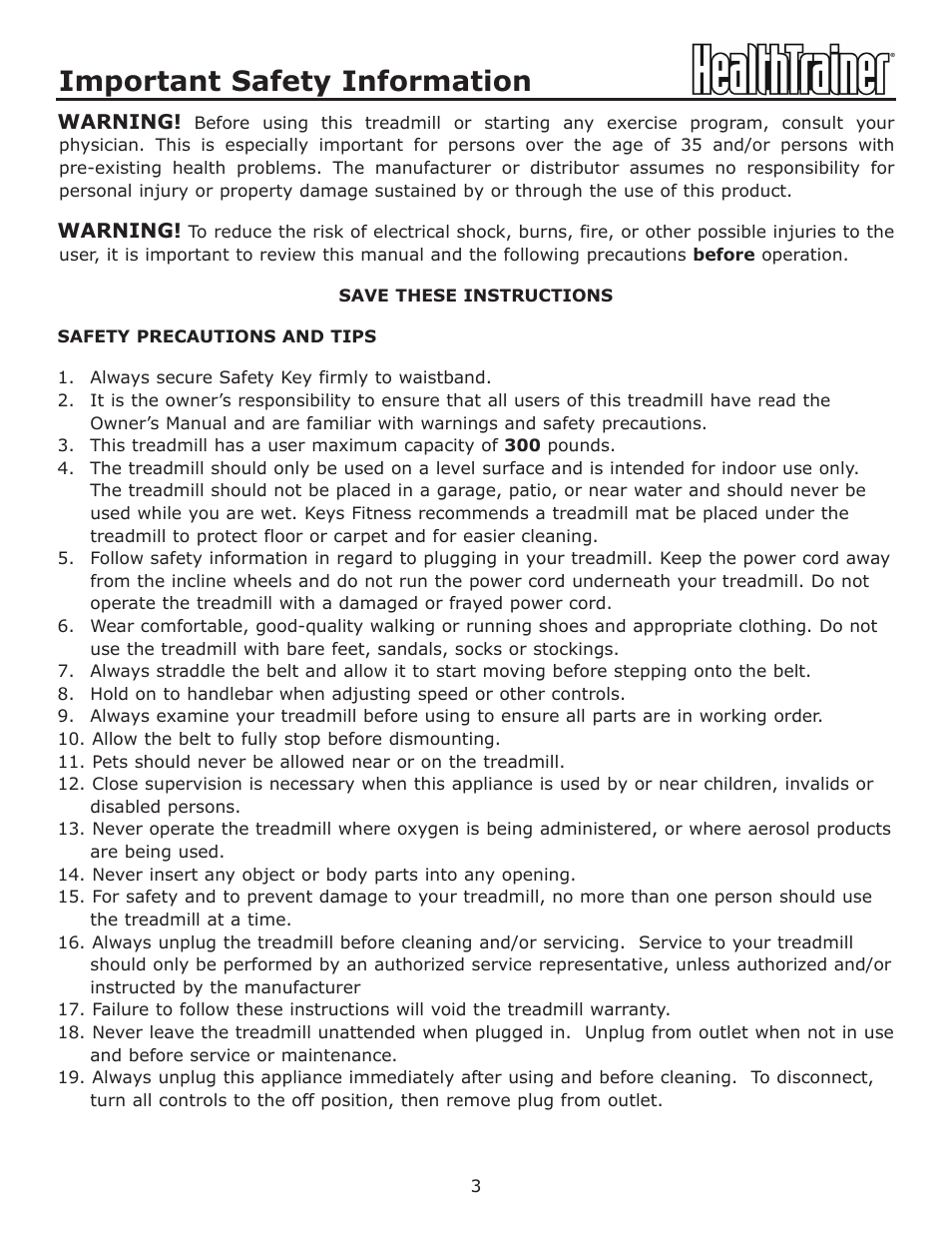 Important safety information | Keys Fitness HT-740T User Manual | Page 3 / 35