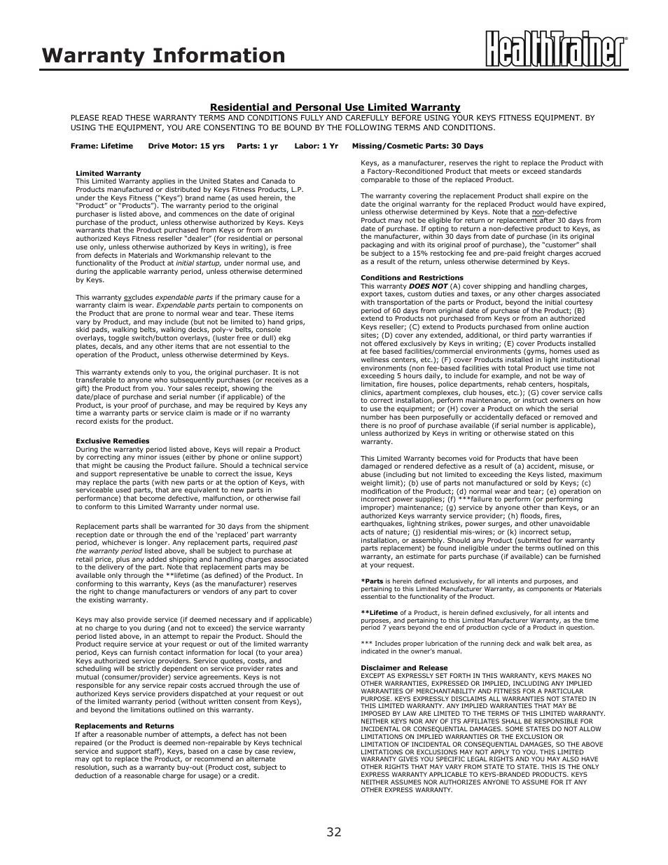 Warranty information | Keys Fitness HT-740T User Manual | Page 32 / 35