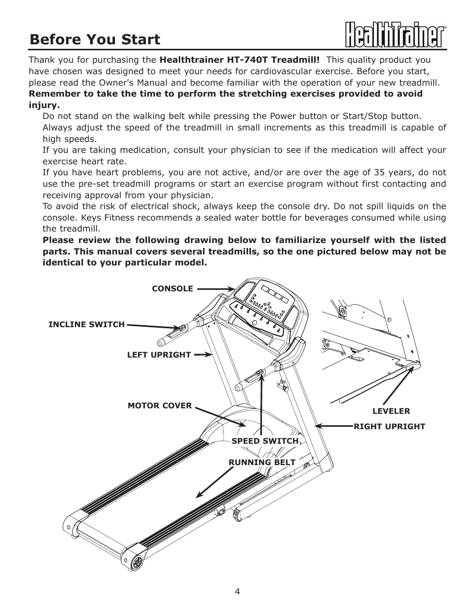 Before you start | Keys Fitness HT-740T User Manual | Page 4 / 35