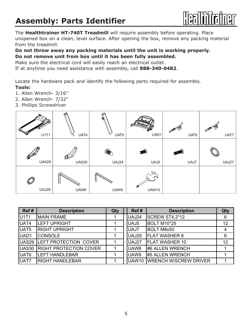 Assembly: parts identifier | Keys Fitness HT-740T User Manual | Page 5 / 35