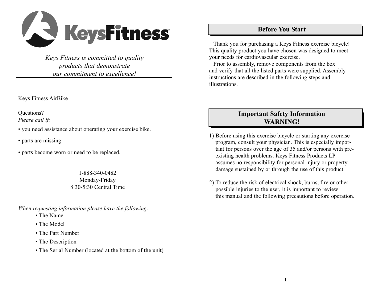 Keys Fitness bicylce User Manual | Page 2 / 10