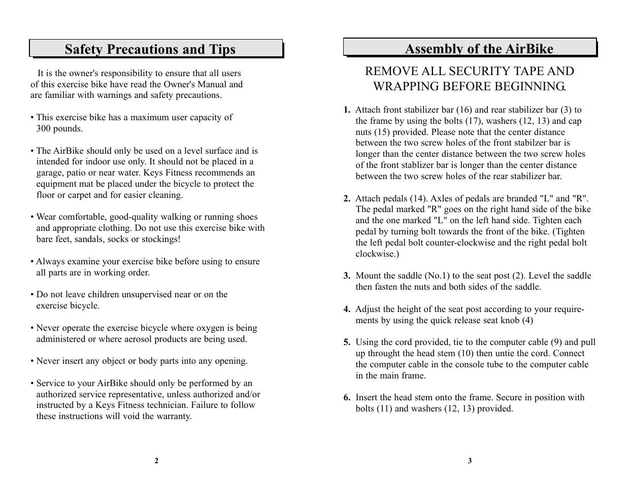 Assembly of the airbike, Safety precautions and tips | Keys Fitness bicylce User Manual | Page 3 / 10