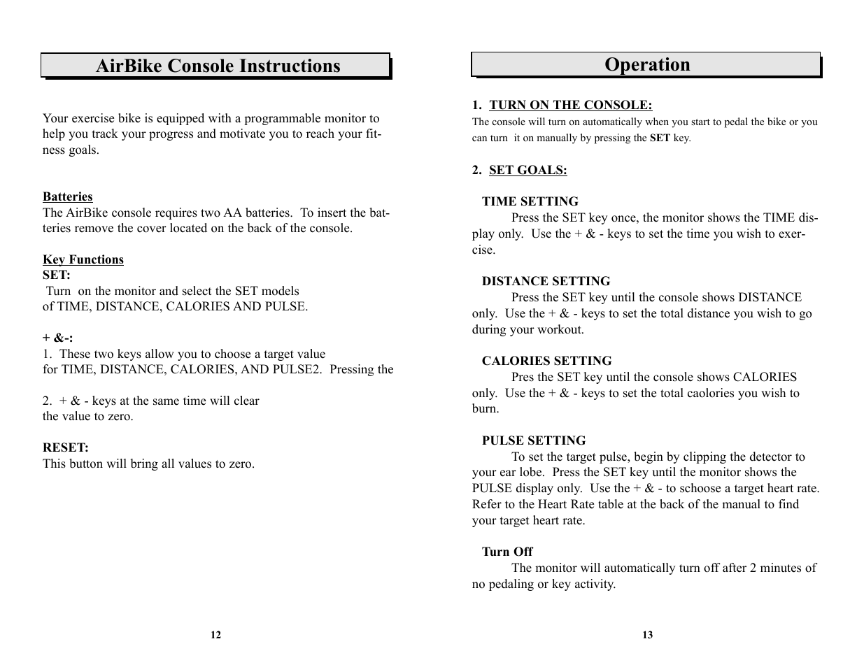 Operation, Airbike console instructions | Keys Fitness bicylce User Manual | Page 8 / 10