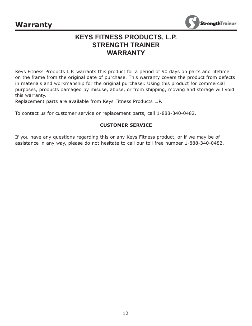 Warranty | Keys Fitness StrenghtTrainer ST-OBA2 User Manual | Page 12 / 13