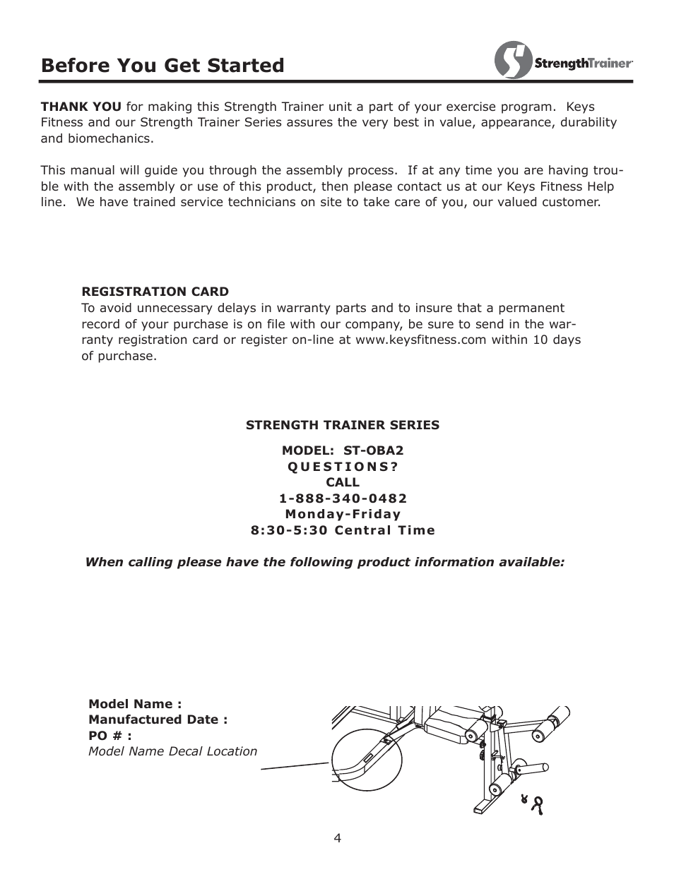 Before you get started | Keys Fitness StrenghtTrainer ST-OBA2 User Manual | Page 4 / 13
