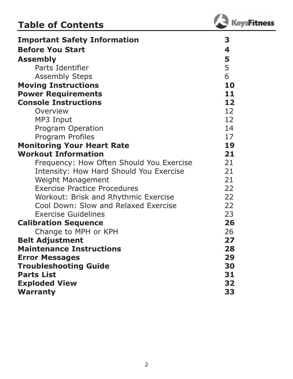 Keys Fitness Treadmill KF-3.0T User Manual | Page 2 / 36