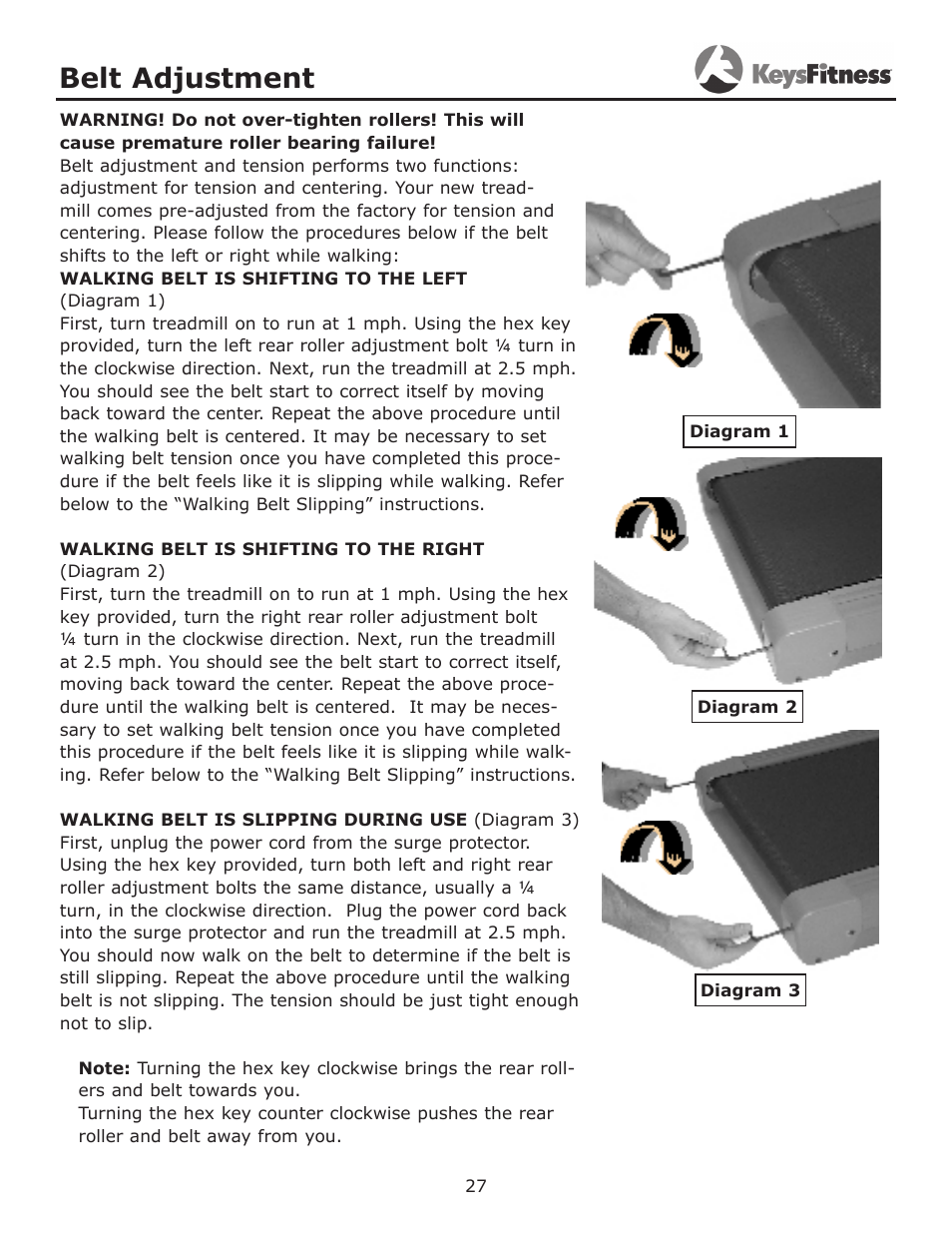 Belt adjustment | Keys Fitness Treadmill KF-3.0T User Manual | Page 27 / 36