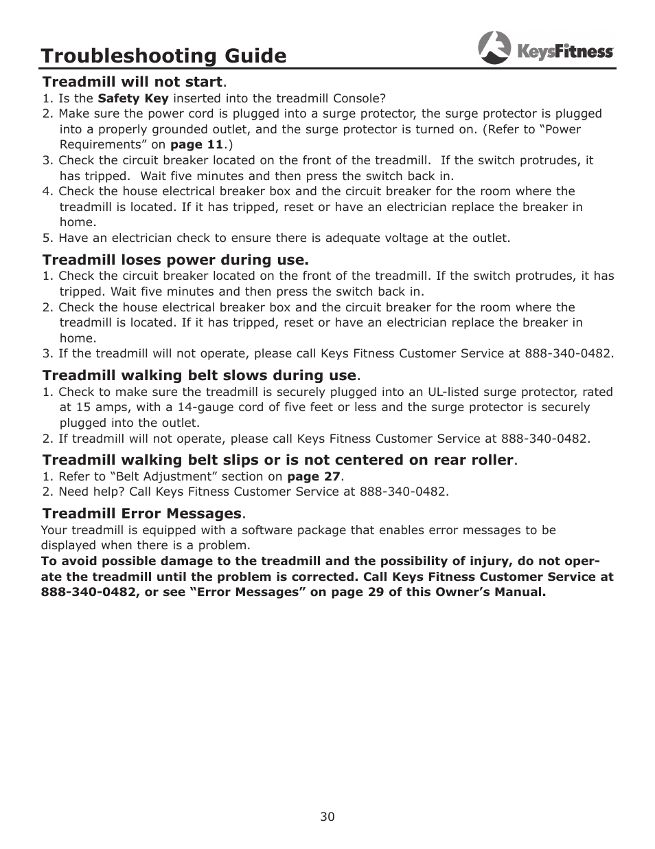 Troubleshooting guide | Keys Fitness Treadmill KF-3.0T User Manual | Page 30 / 36