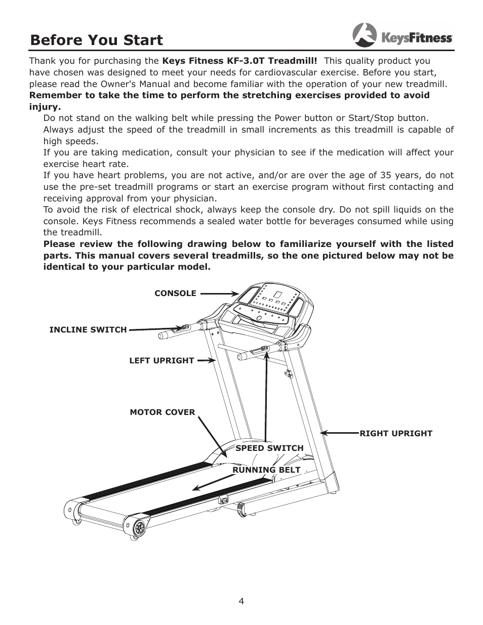 Before you start | Keys Fitness Treadmill KF-3.0T User Manual | Page 4 / 36