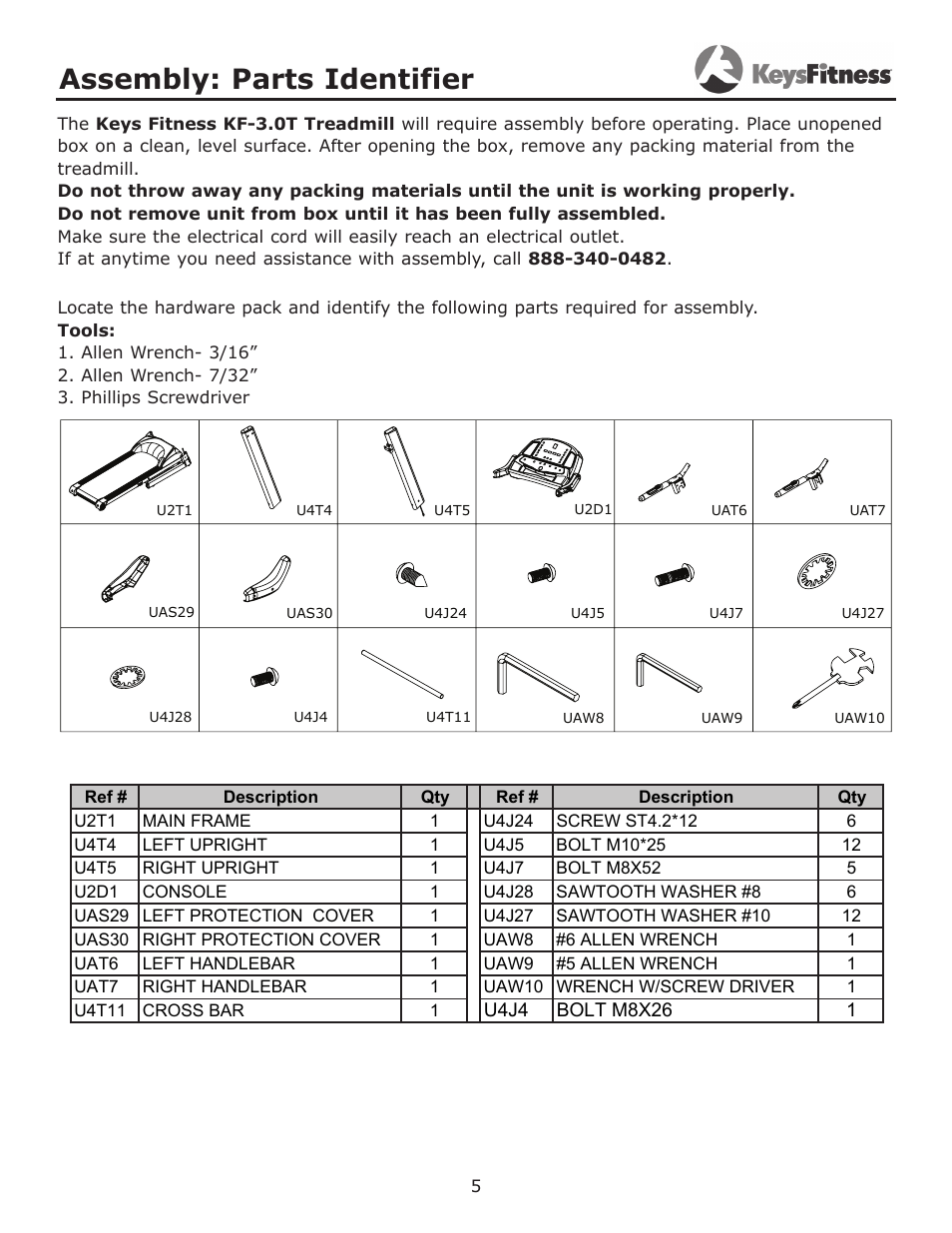 Assembly: parts identifier | Keys Fitness Treadmill KF-3.0T User Manual | Page 5 / 36