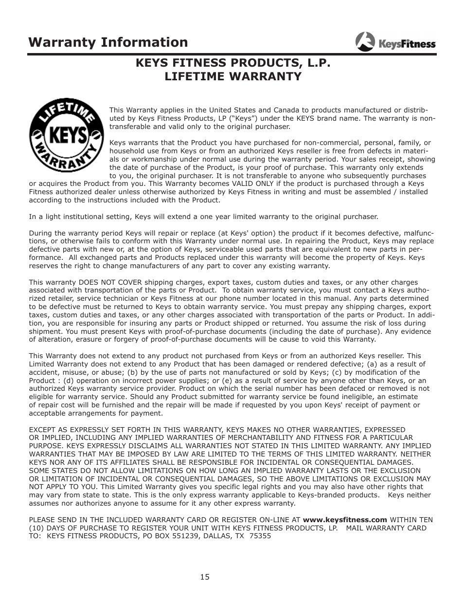 Warranty information, Keys fitness products, l.p. lifetime warranty | Keys Fitness Functional Trainer KF-FT User Manual | Page 15 / 16