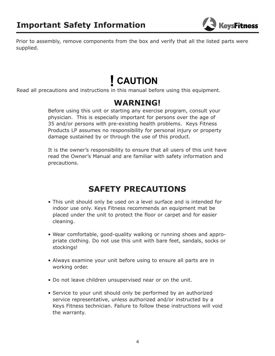 Important safety information, Warning, Safety precautions | Keys Fitness Functional Trainer KF-FT User Manual | Page 4 / 16