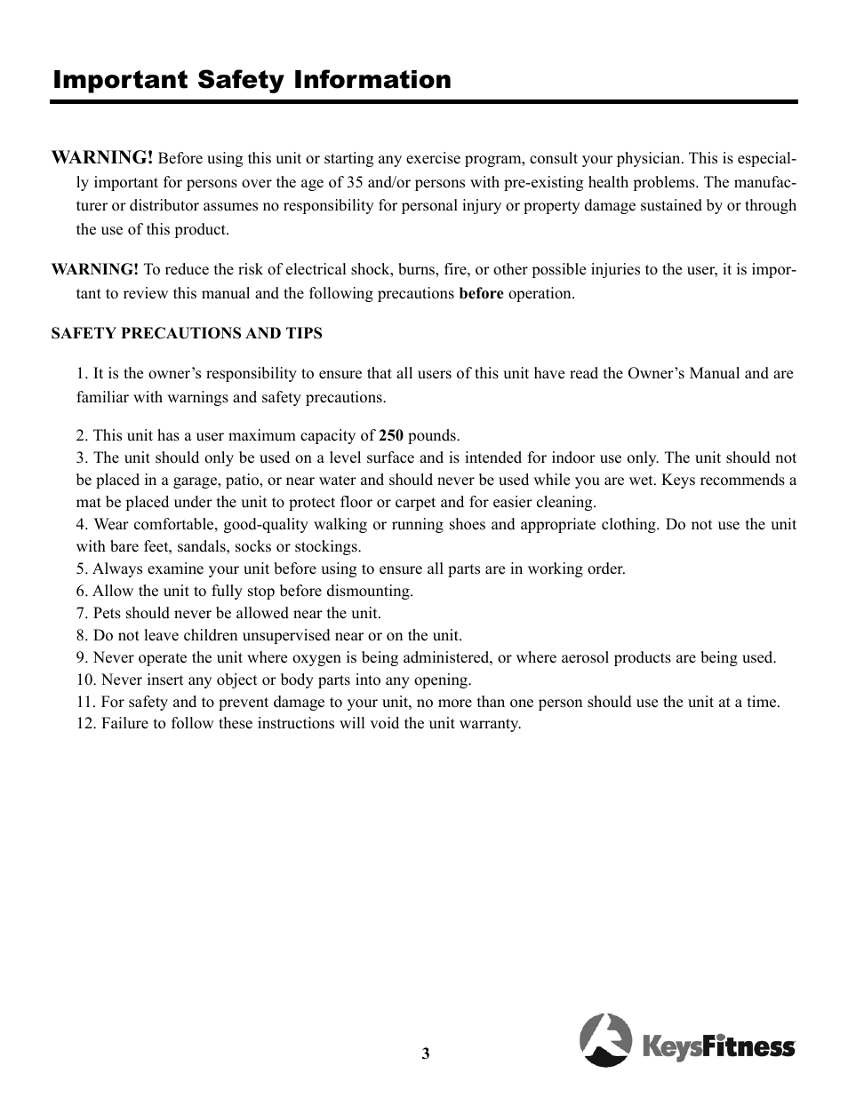 Important safety information | Keys Fitness Triumph 5.3e Elliptical TRI-5-3E User Manual | Page 3 / 18