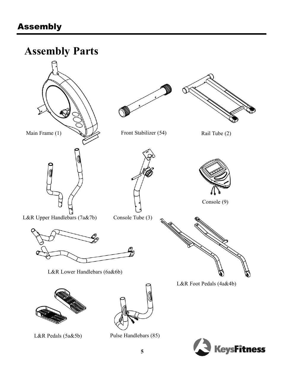 Assembly parts, Assembly | Keys Fitness Triumph 5.3e Elliptical TRI-5-3E User Manual | Page 5 / 18