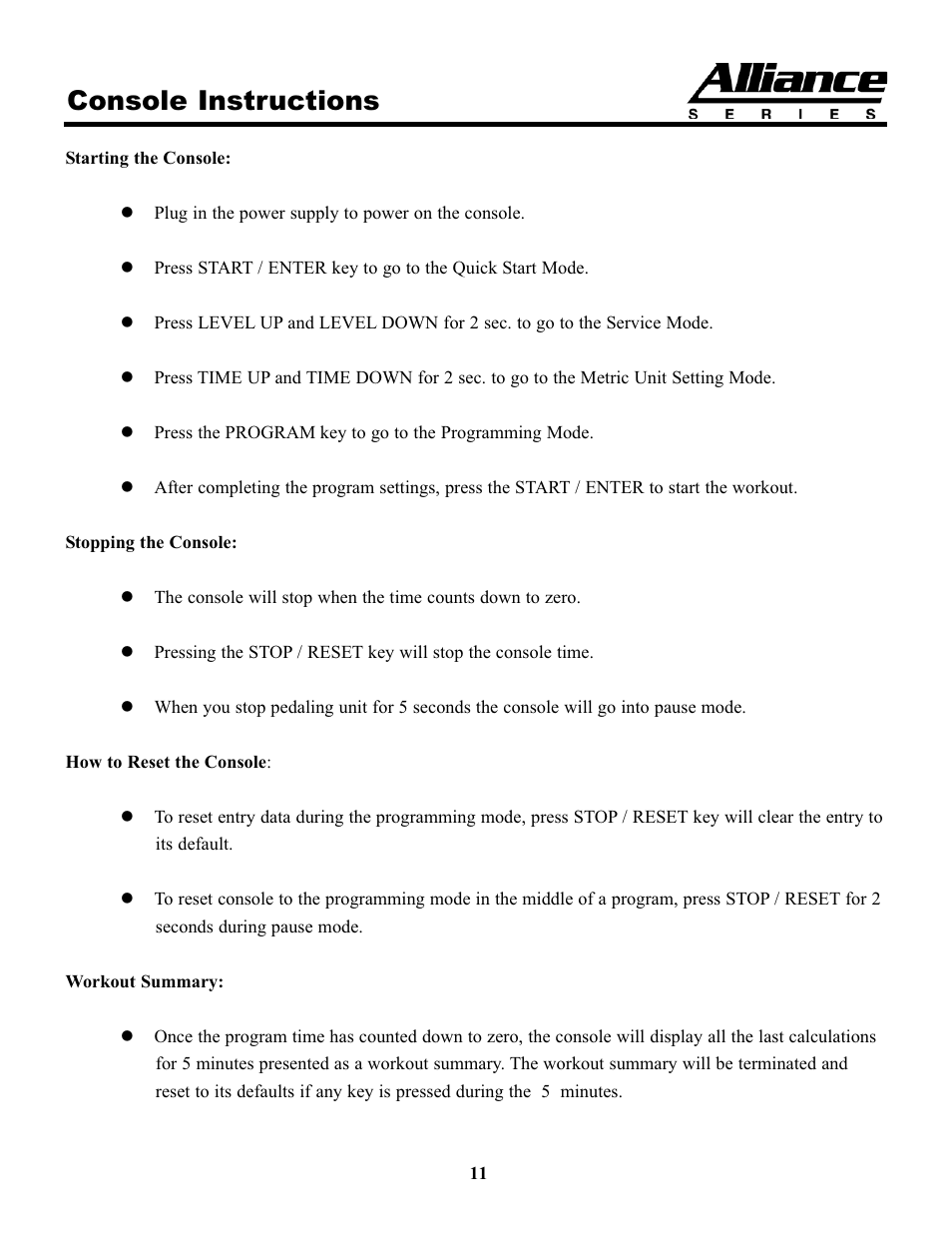 Console instructions | Keys Fitness A7e User Manual | Page 11 / 21