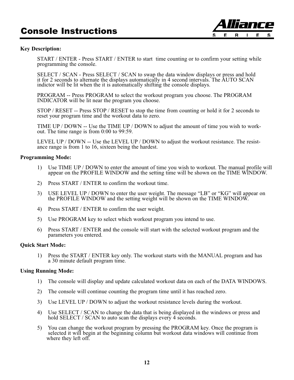 Console instructions | Keys Fitness A7e User Manual | Page 12 / 21