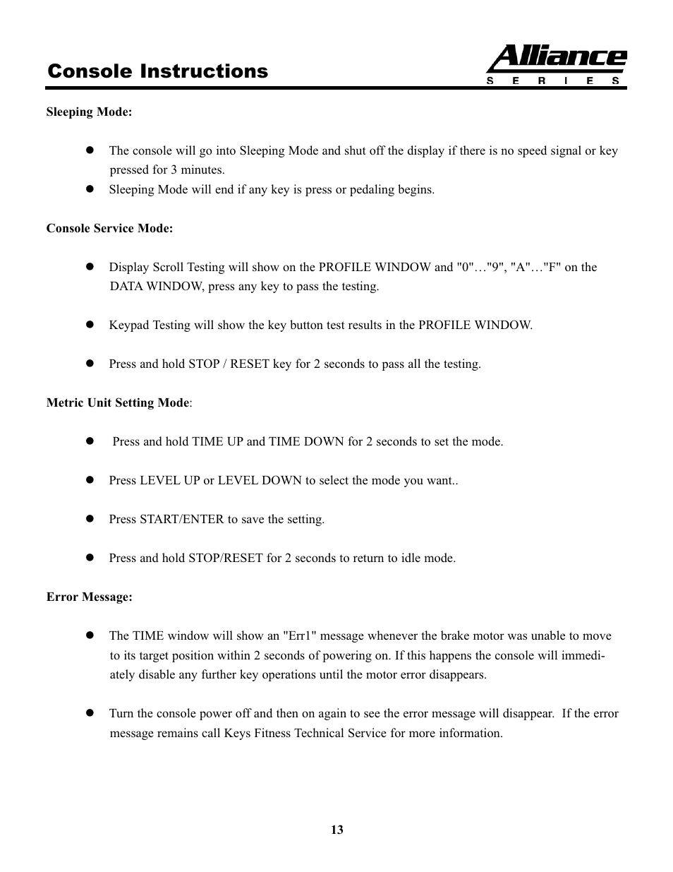 Console instructions | Keys Fitness A7e User Manual | Page 13 / 21