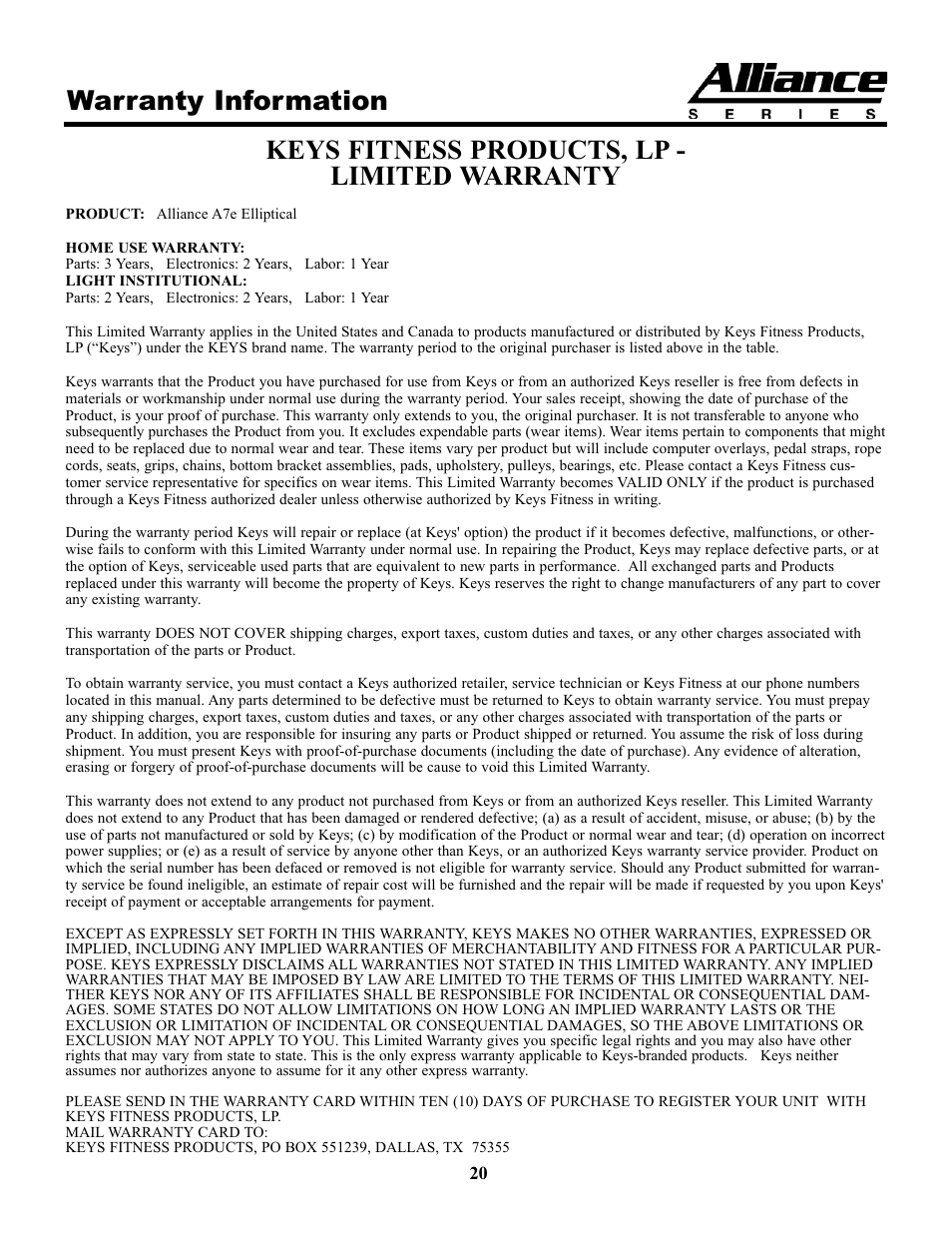 Warranty information, Keys fitness products, lp - limited warranty | Keys Fitness A7e User Manual | Page 20 / 21