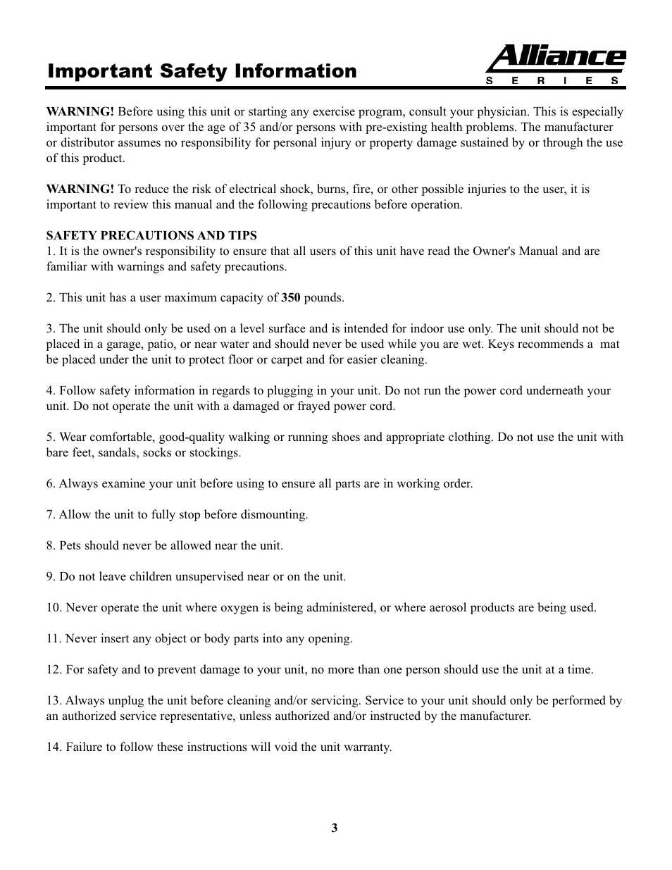 Important safety information | Keys Fitness A7e User Manual | Page 3 / 21