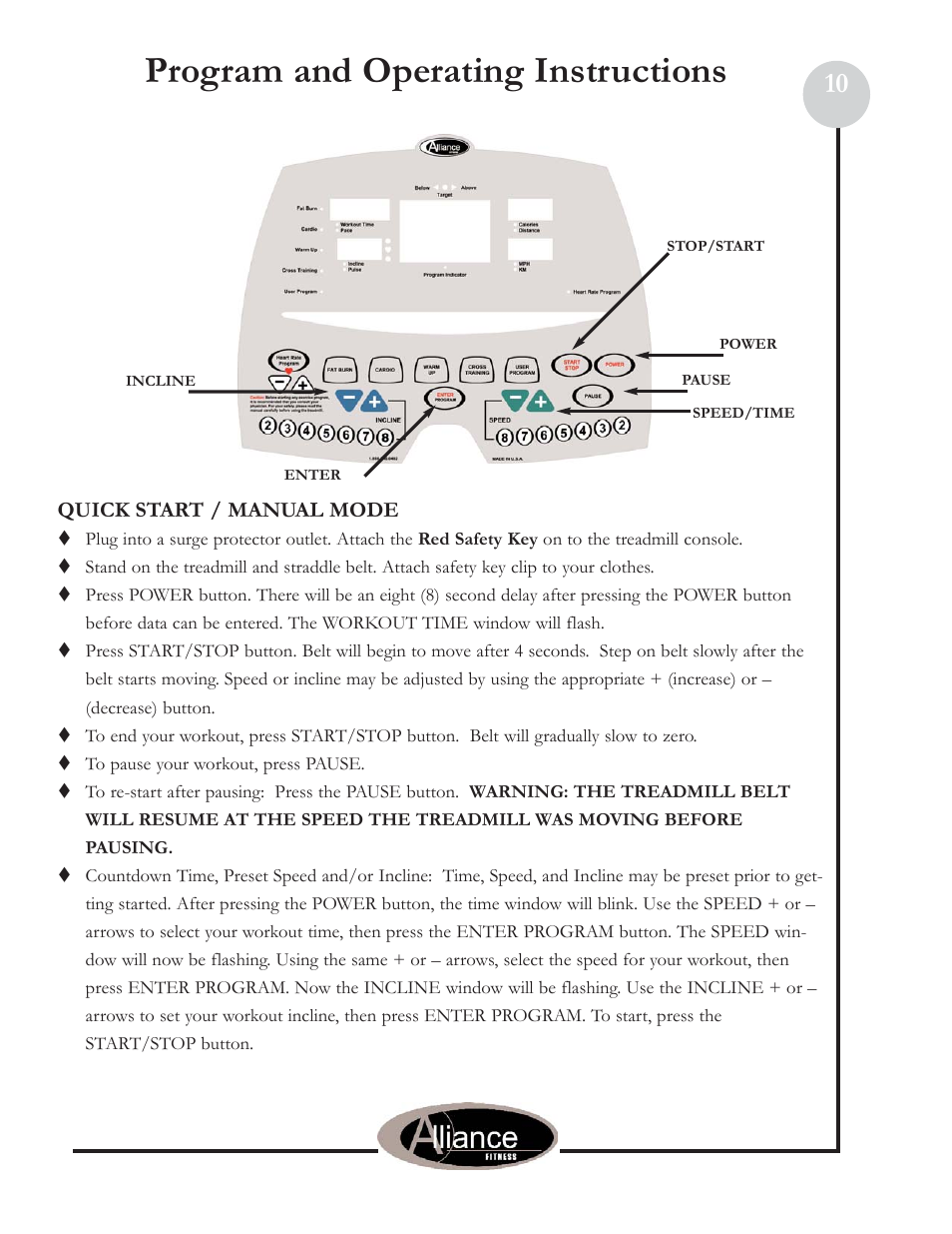 Program and operating instructions | Keys Fitness 910HR User Manual | Page 10 / 19