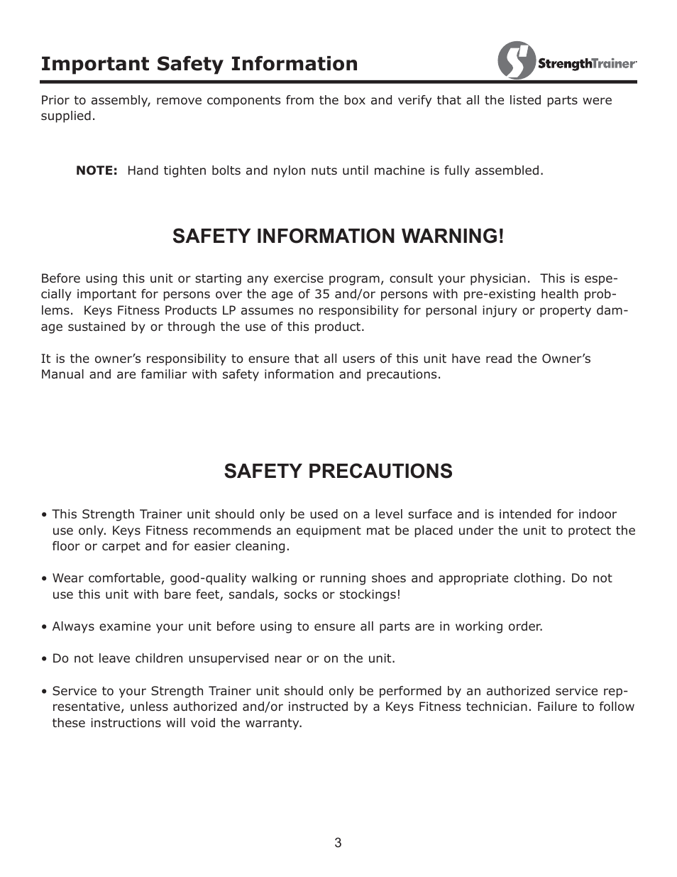 Safety information warning! safety precautions, Important safety information | Keys Fitness StrenghtTrainer ST-ARM User Manual | Page 3 / 8