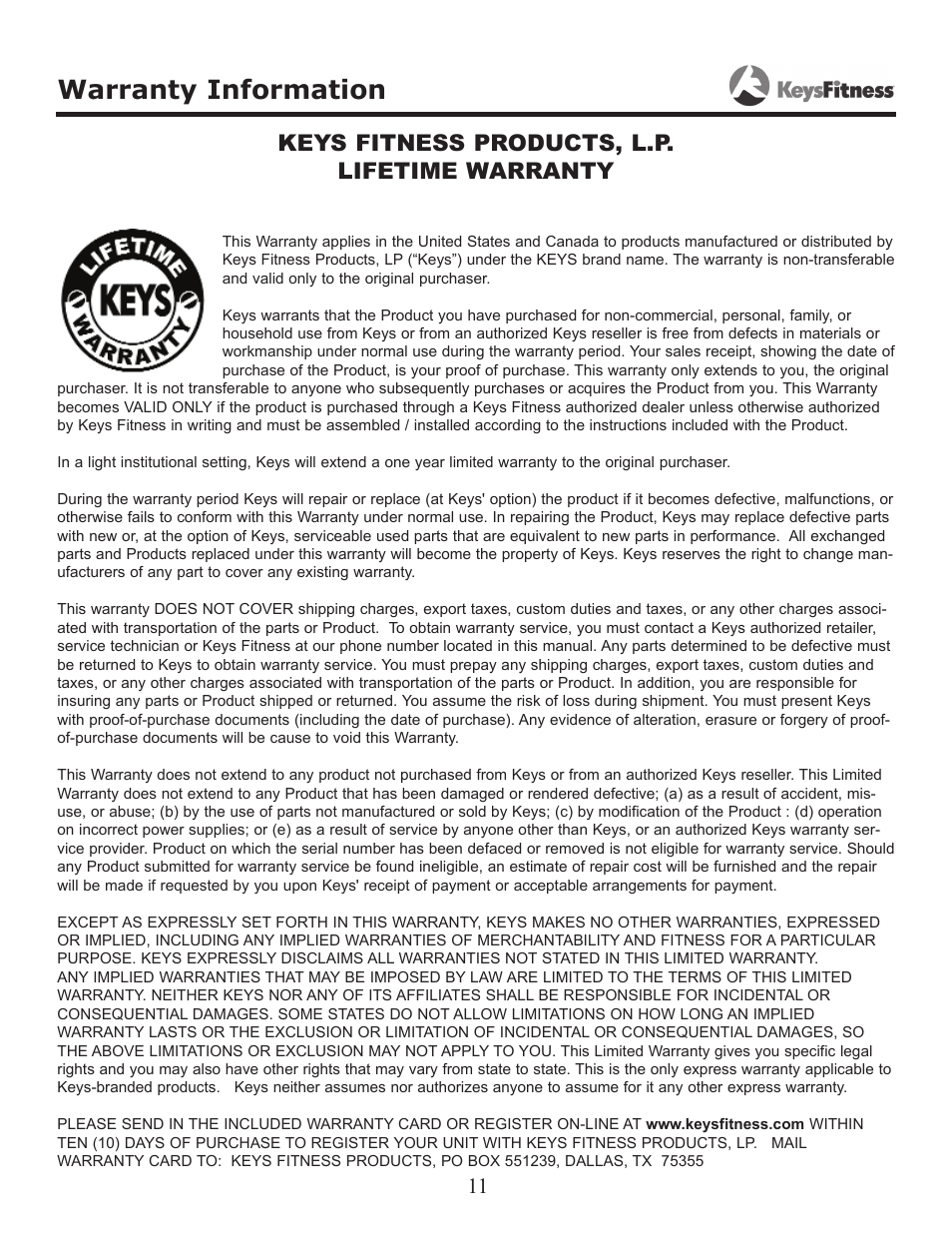 Warranty information, Keys fitness products, l.p. lifetime warranty | Keys Fitness AbdominAl CrunCh KF-AC User Manual | Page 11 / 12