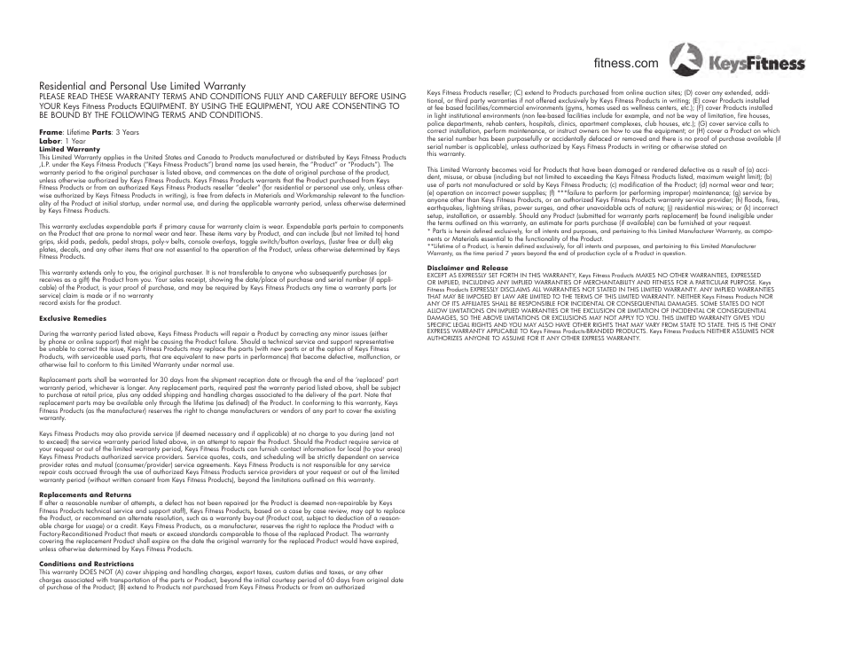 Warranty information, Residential and personal use limited warranty | Keys Fitness Series KF-R4.0 User Manual | Page 35 / 36