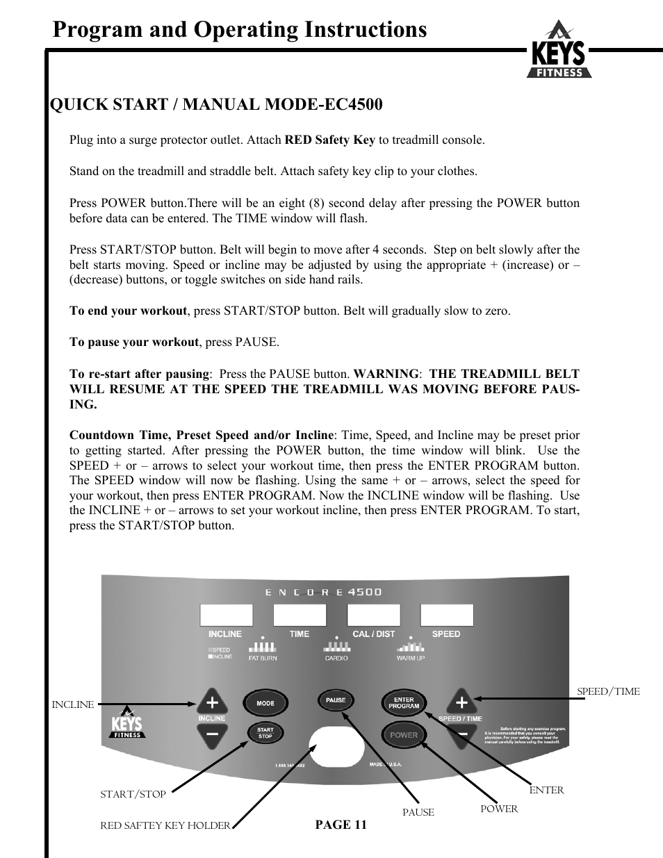 Program and operating instructions, Quick start / manual mode-ec4500 | Keys Fitness Encore 6500HR User Manual | Page 11 / 25