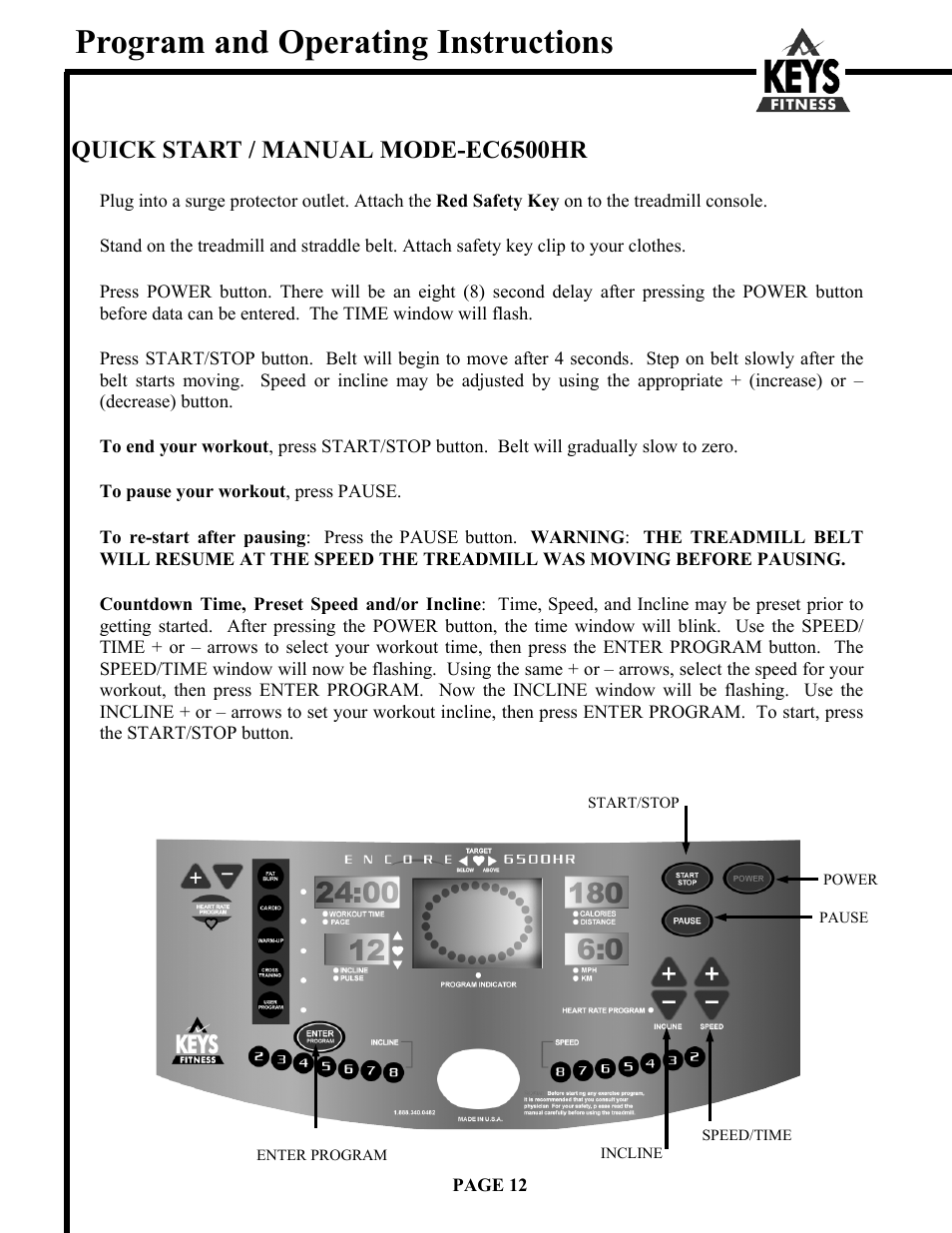 Program and operating instructions, Quick start / manual mode-ec6500hr | Keys Fitness Encore 6500HR User Manual | Page 12 / 25