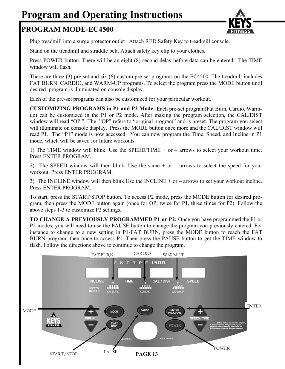 Program and operating instructions, Program mode-ec4500 | Keys Fitness Encore 6500HR User Manual | Page 13 / 25