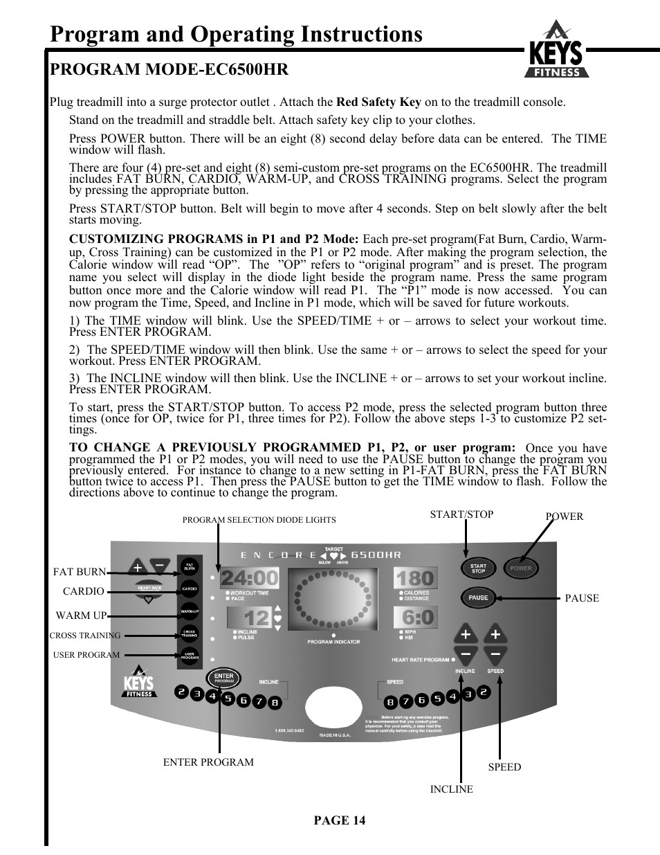 Program and operating instructions, Program mode-ec6500hr | Keys Fitness Encore 6500HR User Manual | Page 14 / 25