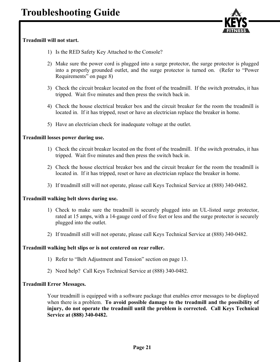 Troubleshooting guide | Keys Fitness Encore 6500HR User Manual | Page 21 / 25