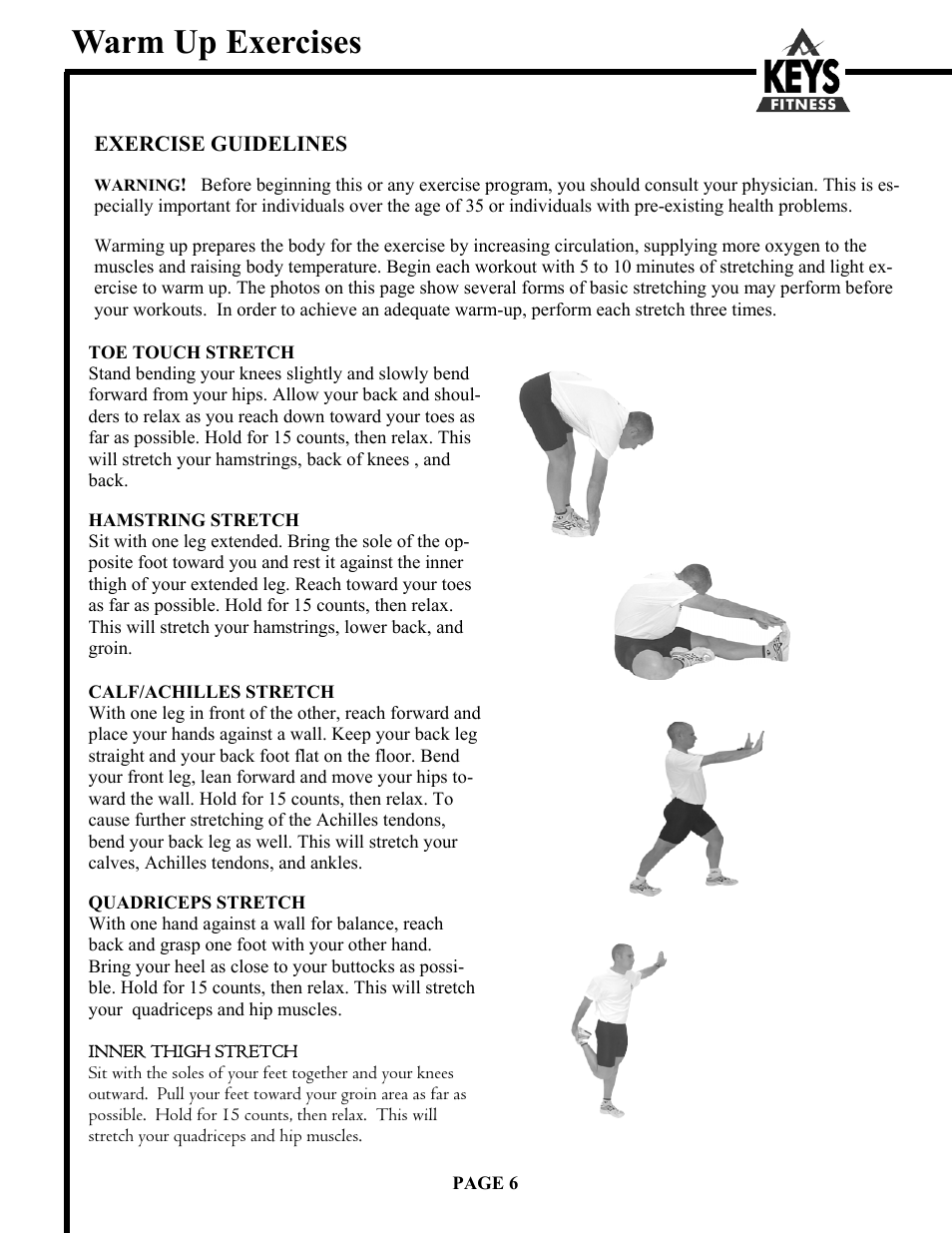 Warm up exercises | Keys Fitness Encore 6500HR User Manual | Page 6 / 25