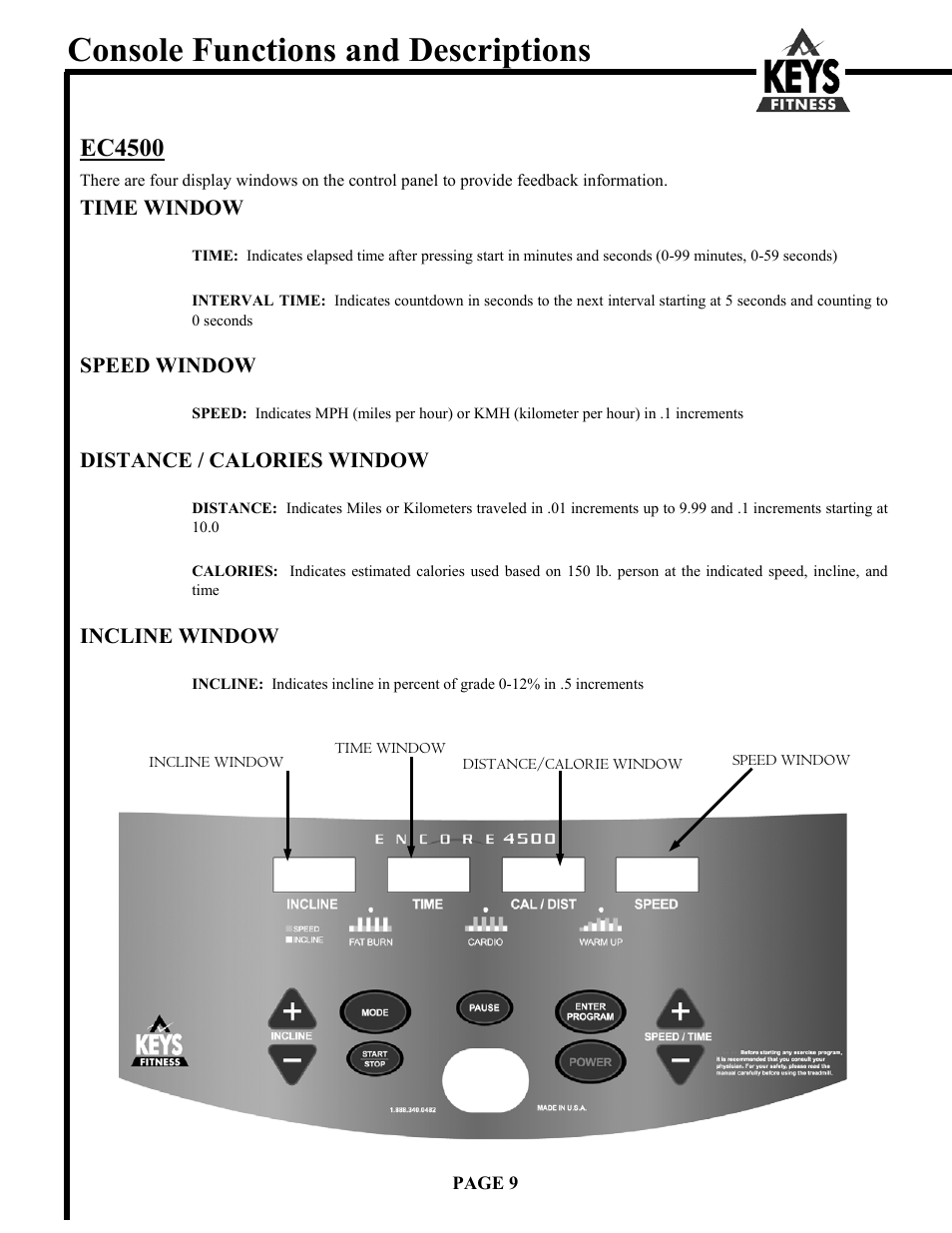 Console functions and descriptions, Ec4500 | Keys Fitness Encore 6500HR User Manual | Page 9 / 25