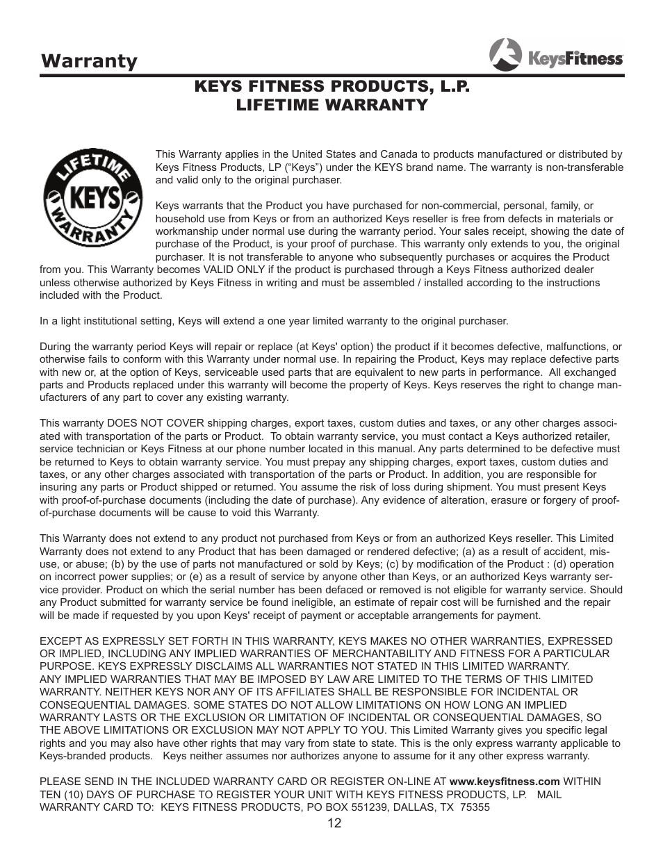 Warranty, Keys fitness products, l.p. lifetime warranty | Keys Fitness KF-SS User Manual | Page 12 / 13