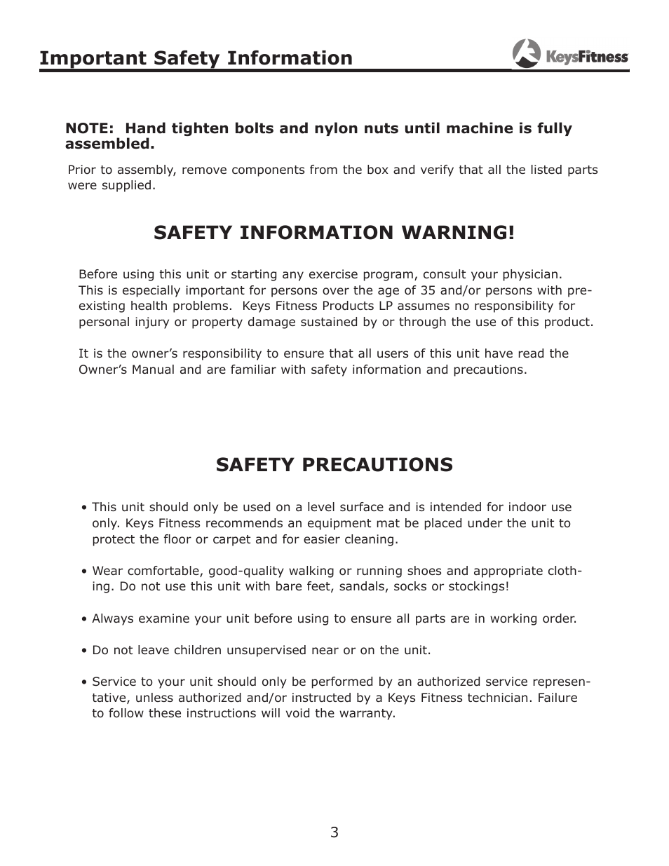 Important safety information, Safety information warning! safety precautions | Keys Fitness KF-SS User Manual | Page 3 / 13