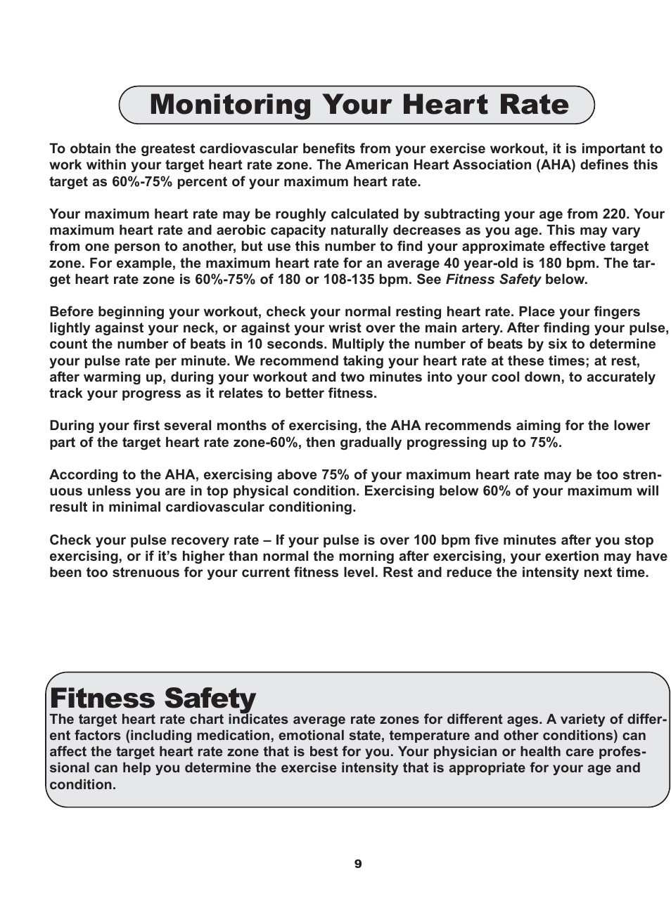 Monitoring your heart rate, Fitness safety | Keys Fitness 5.2 Recumbent User Manual | Page 10 / 13