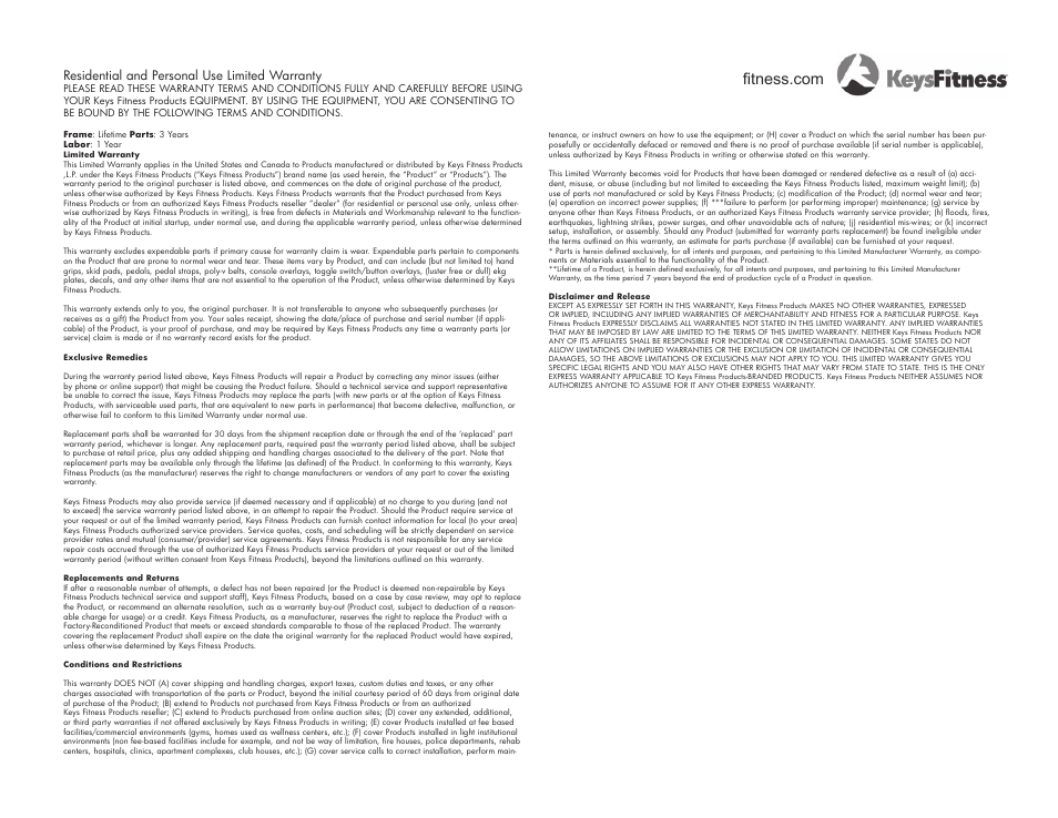 Warranty information, Residential and personal use limited warranty | Keys Fitness KF-R2.0 User Manual | Page 31 / 32