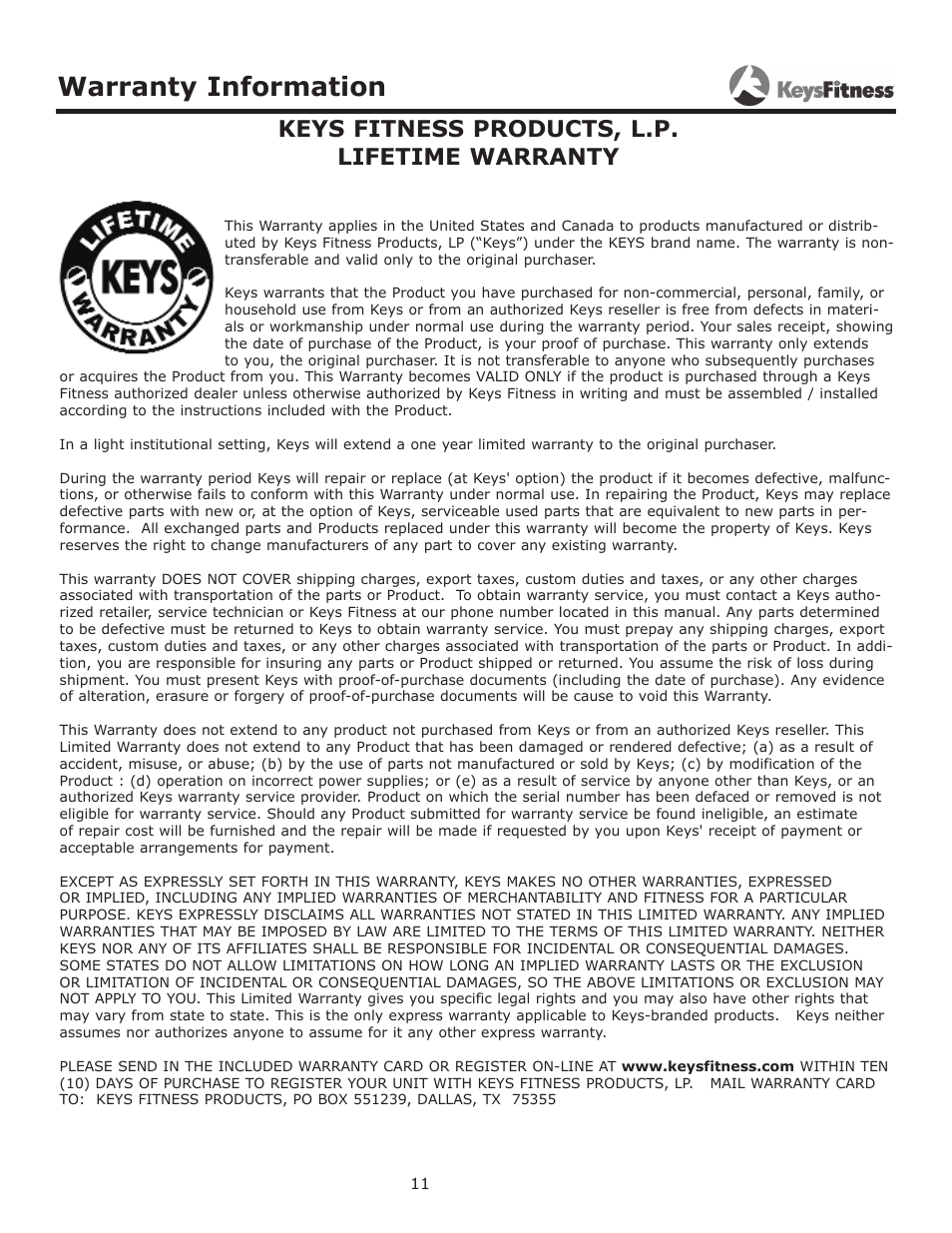 Warranty information, Keys fitness products, l.p. lifetime warranty | Keys Fitness KF-FI User Manual | Page 11 / 12