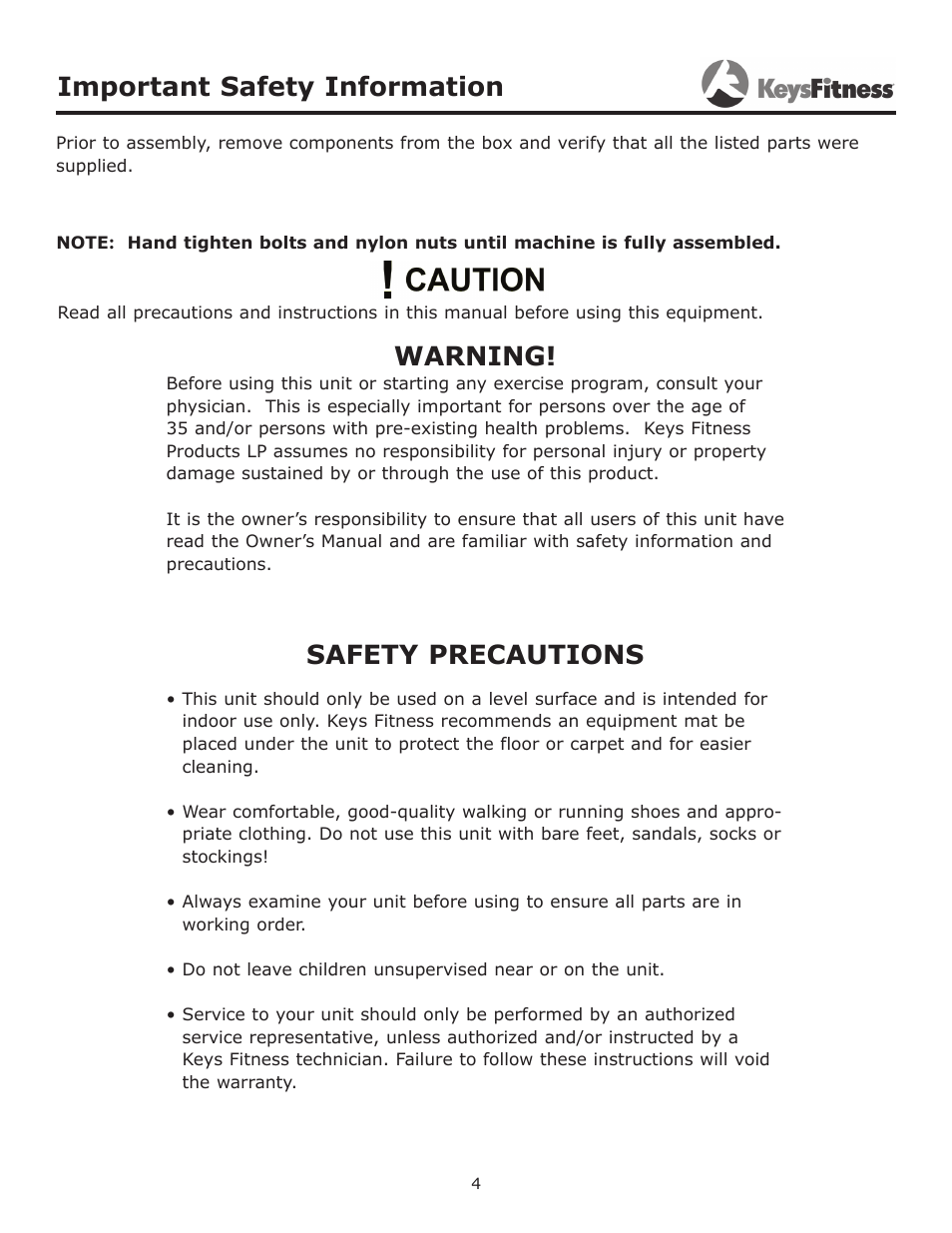 Important safety information, Warning, Safety precautions | Keys Fitness KF-FI User Manual | Page 4 / 12